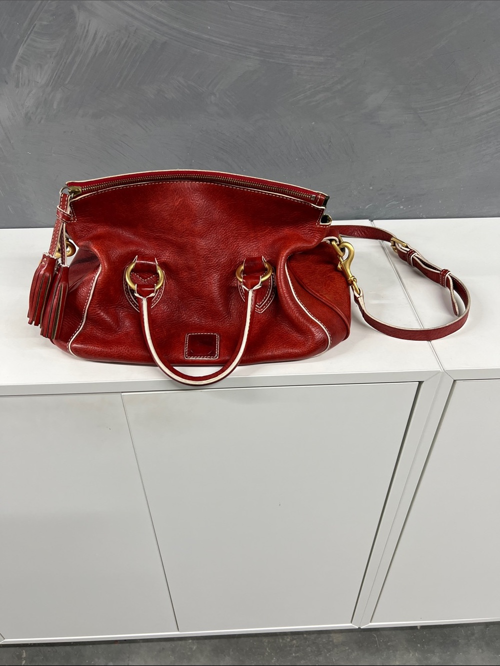 Dooney & Bourke Red Leather Crossbody Satchel with Gold Hardware